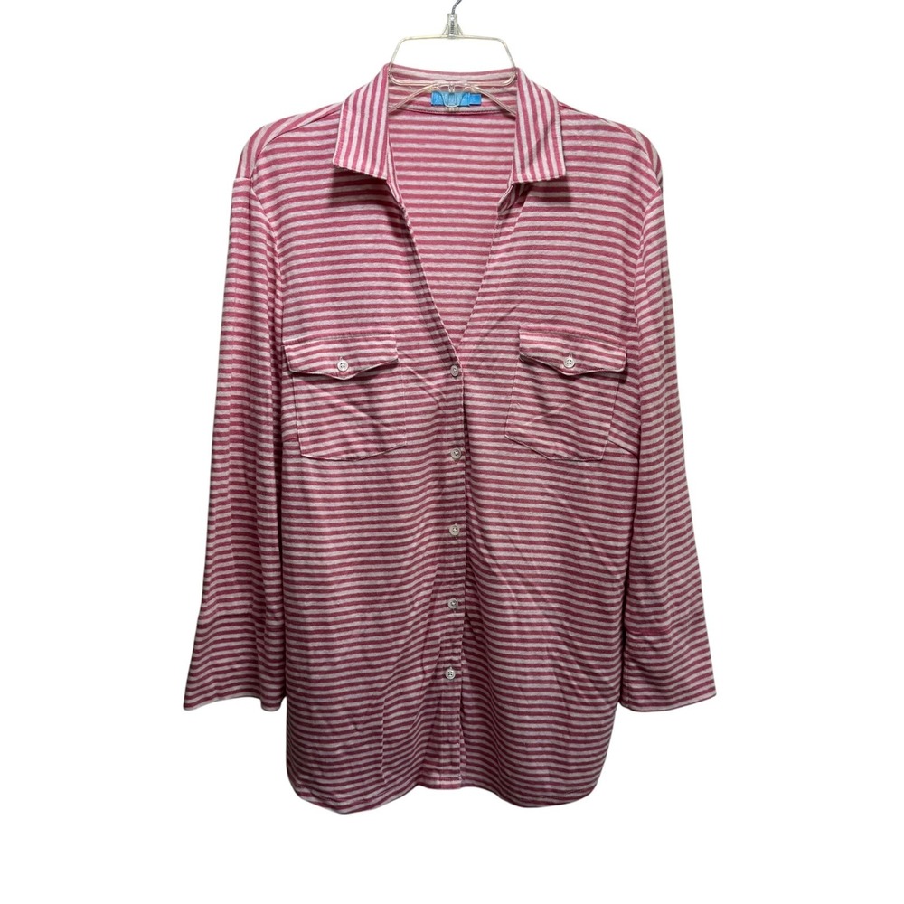 J McLaughlin Linen Blend Striped Preppy Nautical Button Up Shirt Womens Pink L